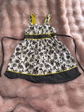 George White Dress with Black Swirl Print and Yellow Trim